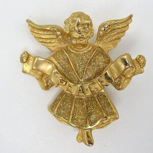 Angel Brooch Gold Tone Clear Rhinestones 2" Pin Peace Banner Glitter Enamel